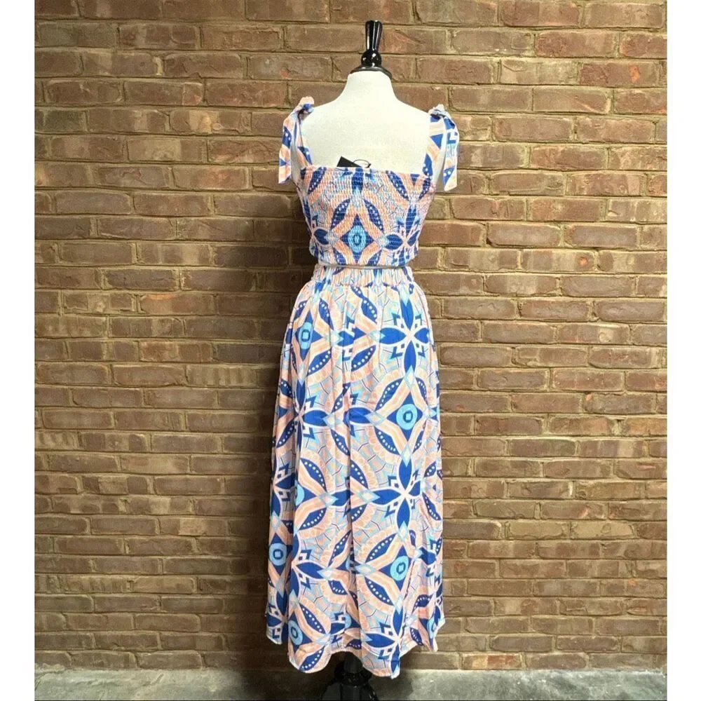 Alania Women’s Blue & Peach 2 Piece Crop Top & Maxi Skirt Sz S NEW